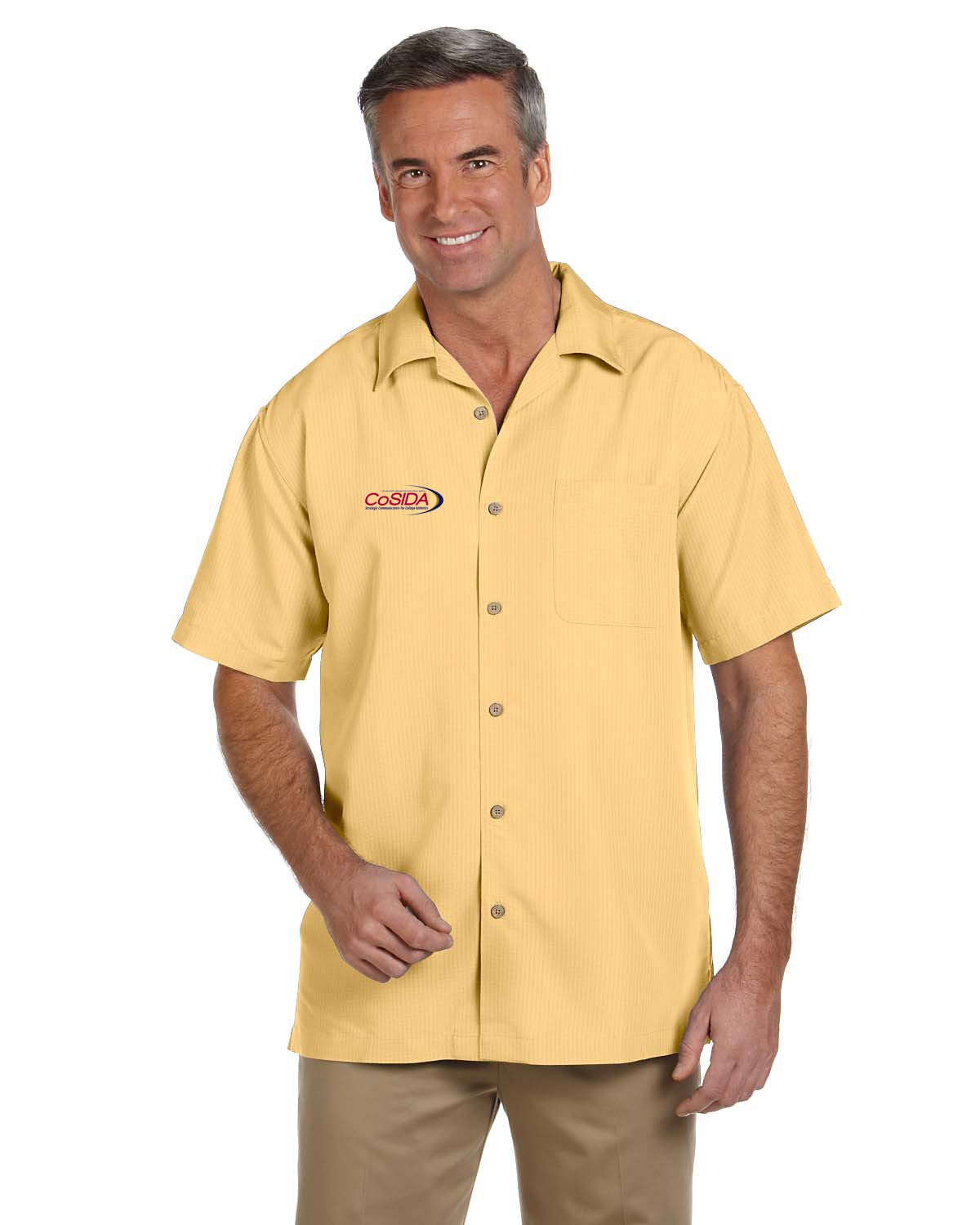 Harriton Men's Barbados Textured Camp Shirt - Short Sleeve Button-Up (Cloud Blue)